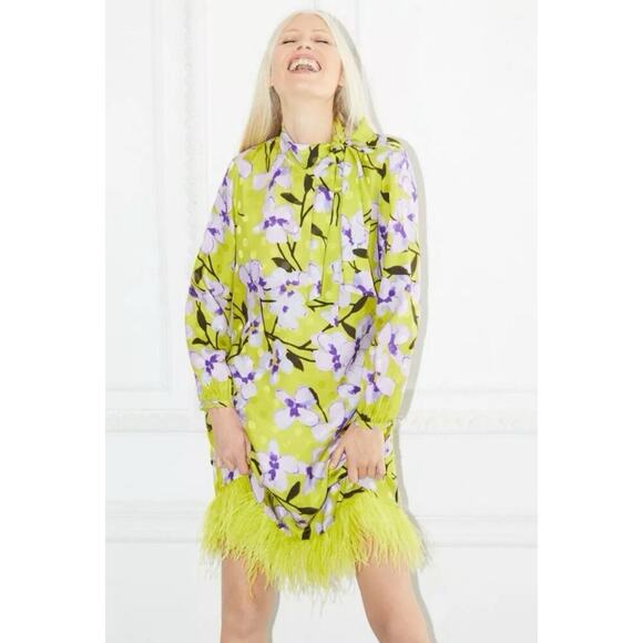 Carolina Herrera Silk Mini Dress M Feathers Long Sleeve Green Floral Neck Tie - Picture 2 of 10